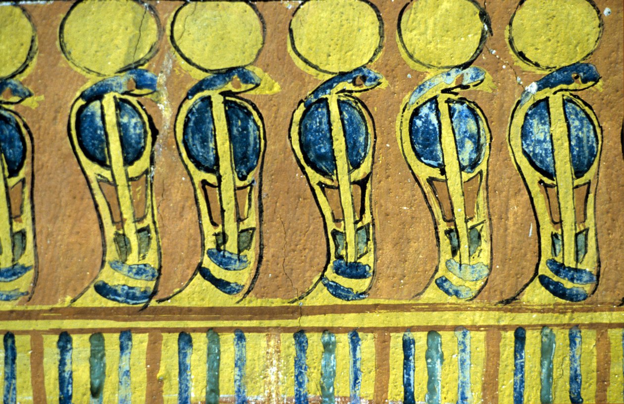 Ókori Egyiptom, falfestmény, Uraeus kígyók őrzik Ozirisz szentélyét, Sennedjem sírja, Théba, Deir el Medna alkotó: School Egyptian