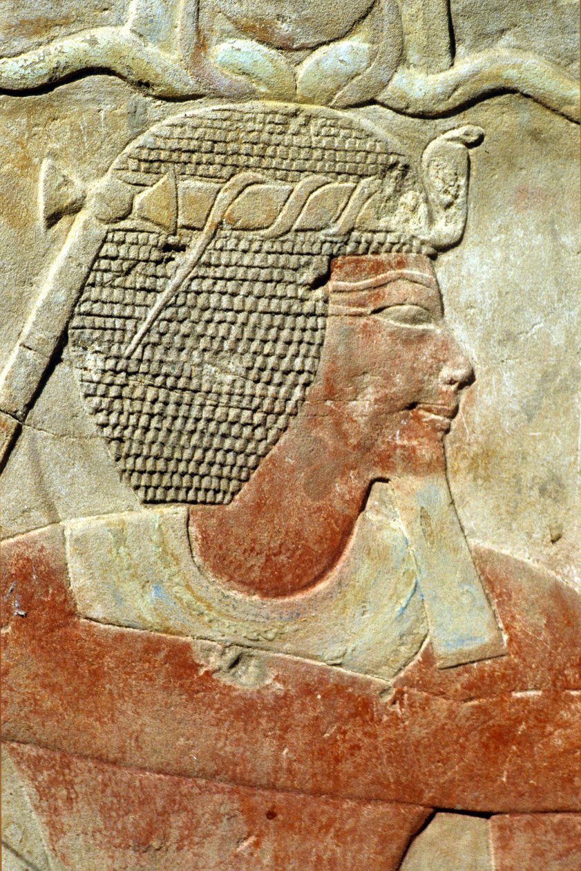 Ókori Egyiptom, Falfestés/faragás, Fáraó, Atef koronát viselő, Karnak-templom, Luxor (fotó) alkotó: School Egyptian