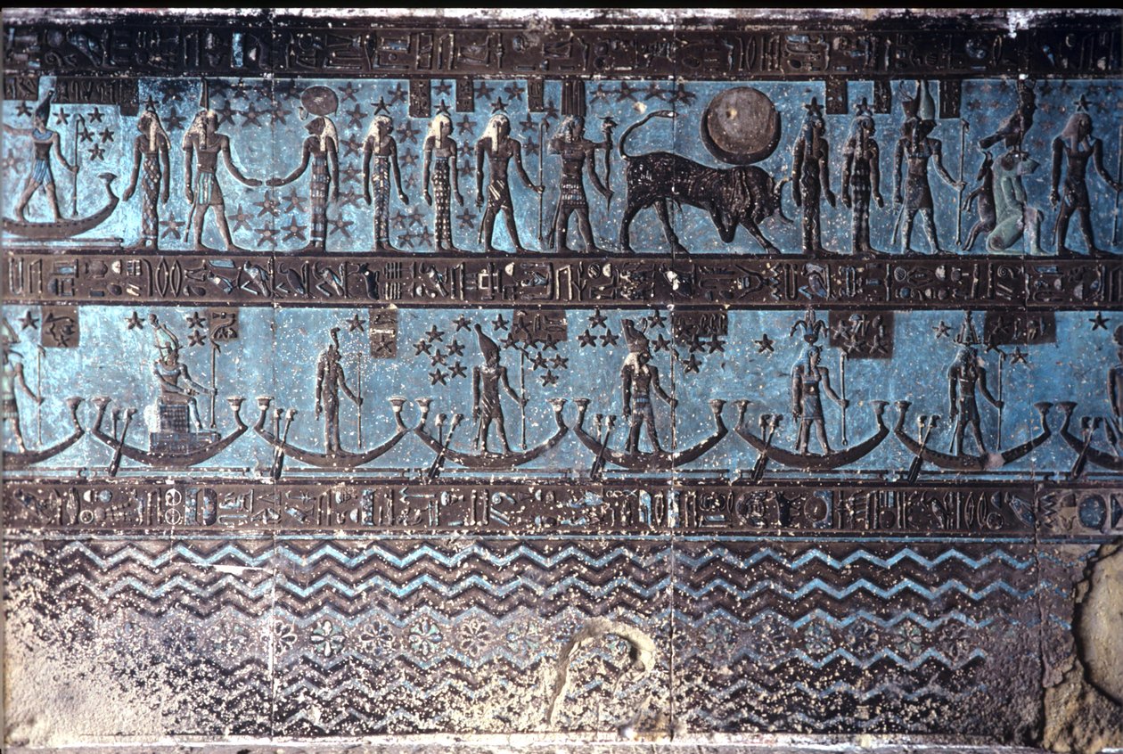 Ókori Egyiptom, falfestmény/faragás, Asztrológiai szimbólumok a külső hiposztílus-terem mennyezetéről, Hathor templom, Dendera (fotó) alkotó: School Egyptian