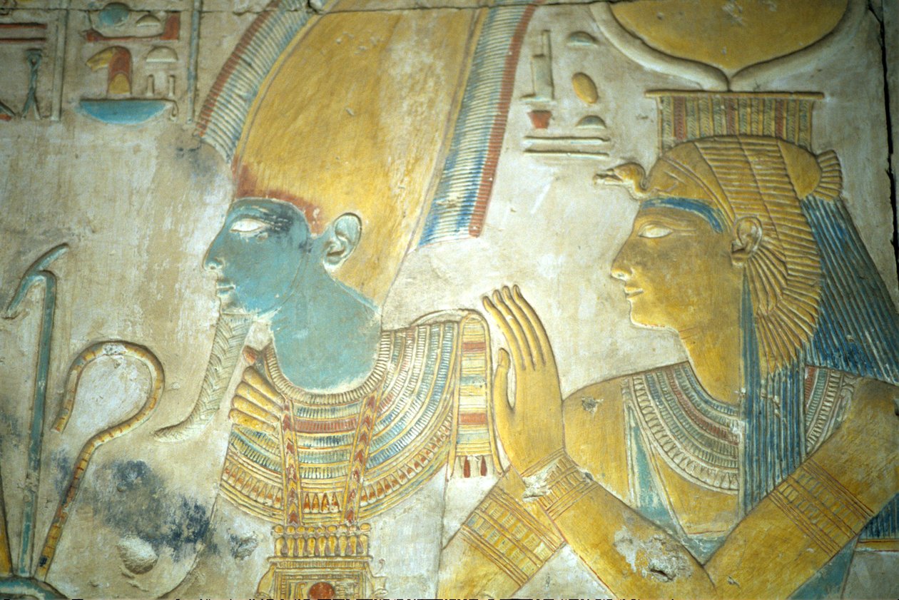 Ókori Egyiptom, falfestmény/faragás, Ízisz és Ozirisz, I. Szeti templom, Abüdosz (fotó) alkotó: School Egyptian