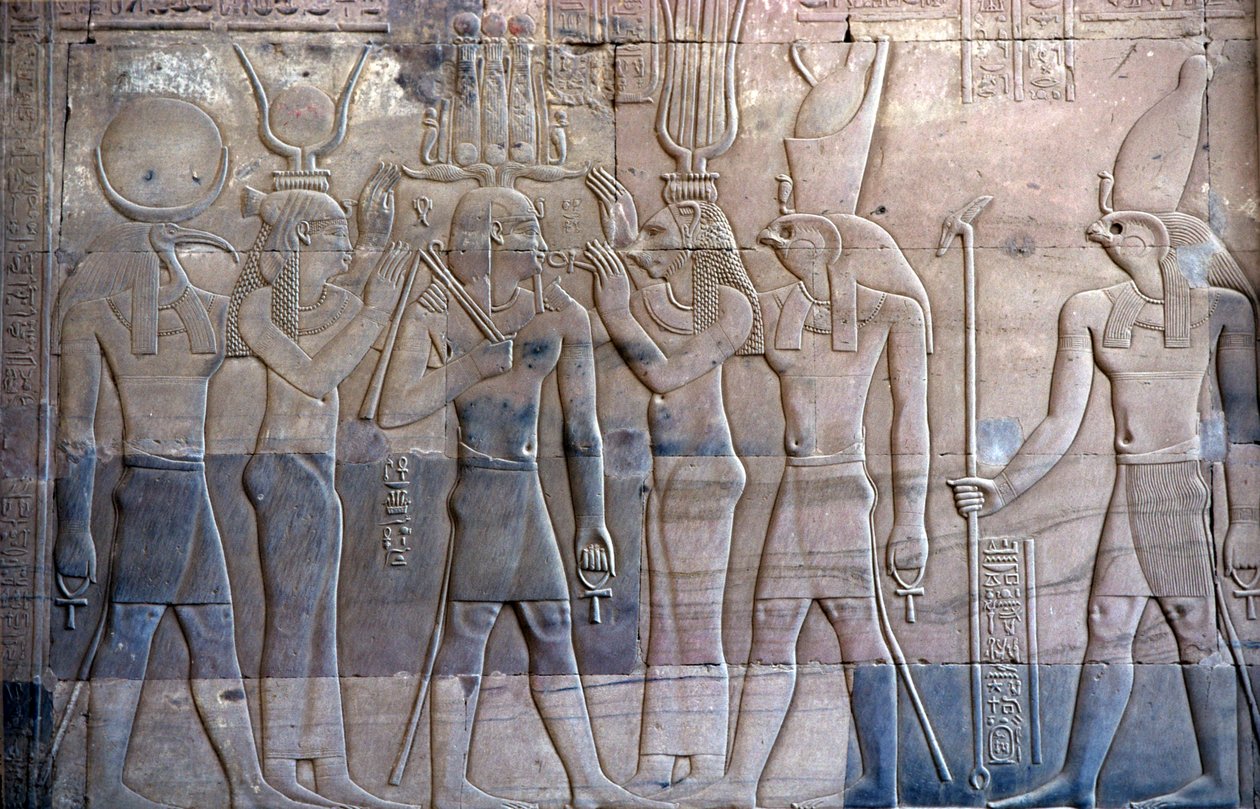 Ókori Egyiptom, falfestmény/faragás, XIII. Ptolemaiosz bemutatása Hórusznak, Sebek és Hórusz templom, Kom Ombo (fotó) alkotó: School Egyptian