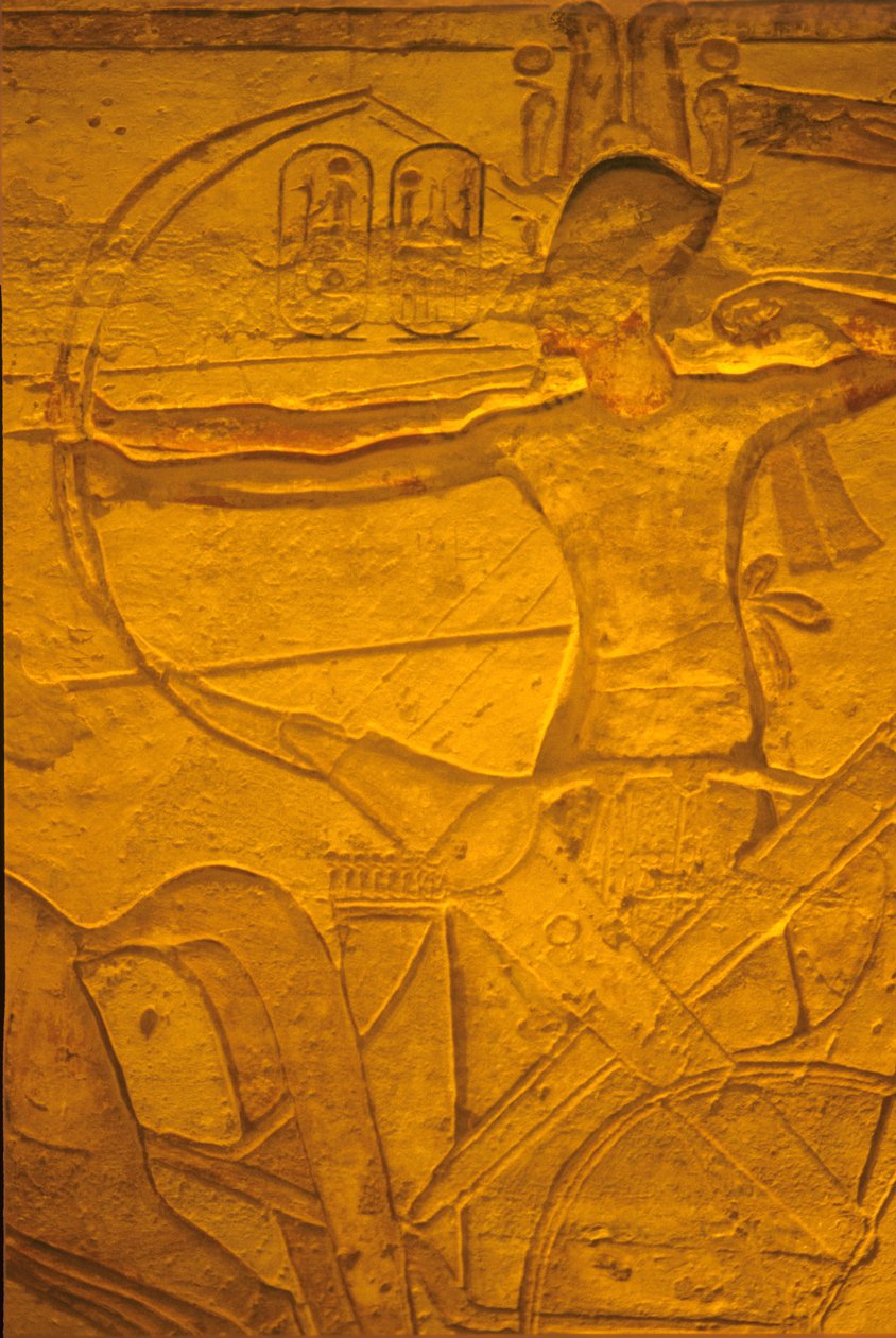 Ókori Egyiptom, falfestmény/faragás, II Ramszesz a szekerén a kádesi csatában, II Ramszesz és Nefertari temploma, Abu Szimbel, Abu Simbel alkotó: School Egyptian