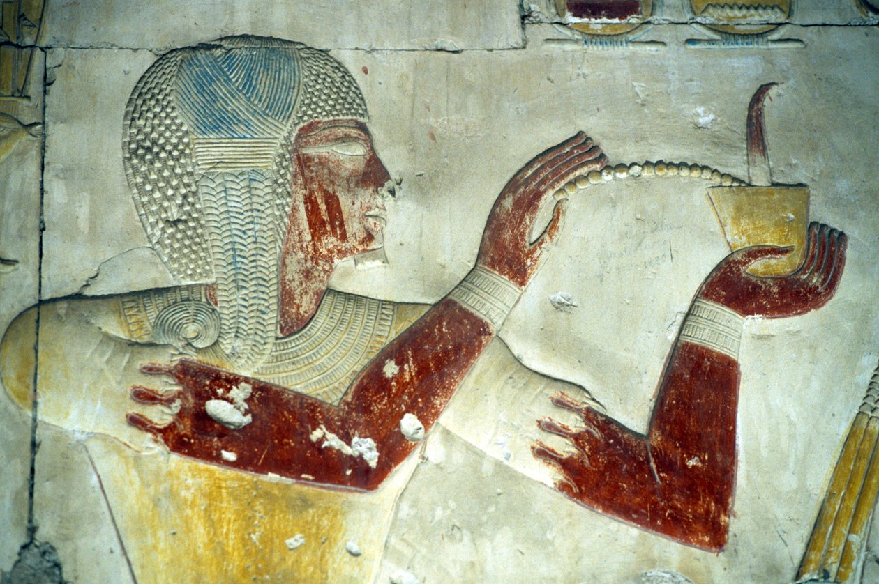 Ókori Egyiptom, falfestmény/faragvány, II. Ramszesz füstölőt áldoz istenített apjának, I. Szeti templom, Abüdosz (fotó) alkotó: School Egyptian