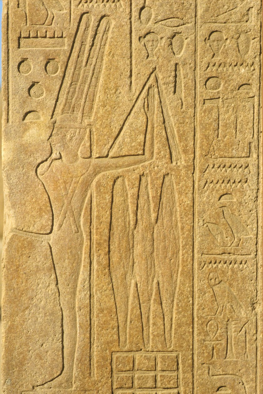 Ókori Egyiptom, falfestmény/faragás, Min isten, Karnaki templom, Luxor, termékenység istene, cséphadarót tartva (fotó) alkotó: School Egyptian