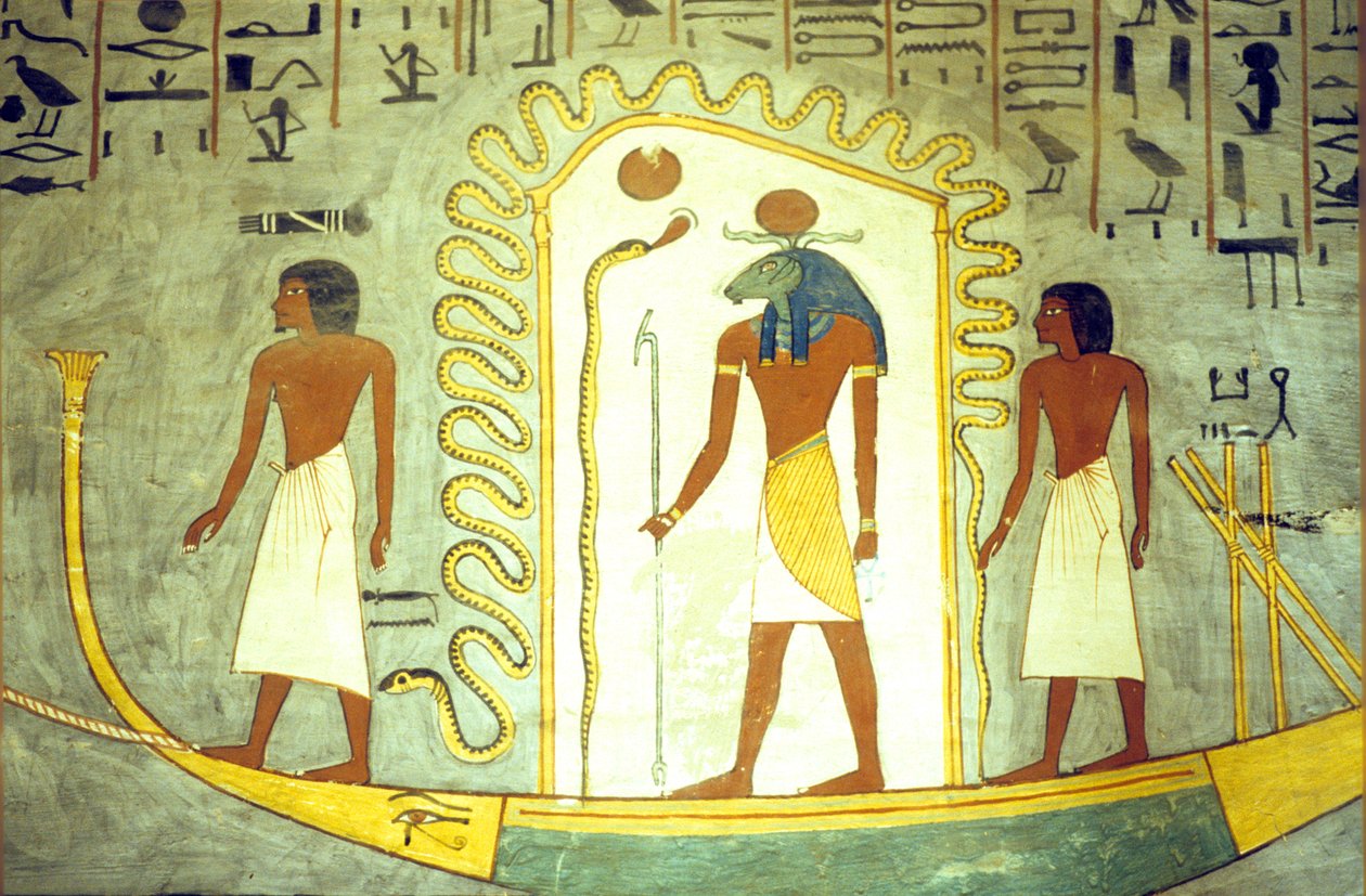 Ókori Egyiptom, falfestmény/faragás, I. Ramszesz sírja, Théba, Amon Ré bárkája az alvilágon keresztül vontatva (fotó) alkotó: School Egyptian