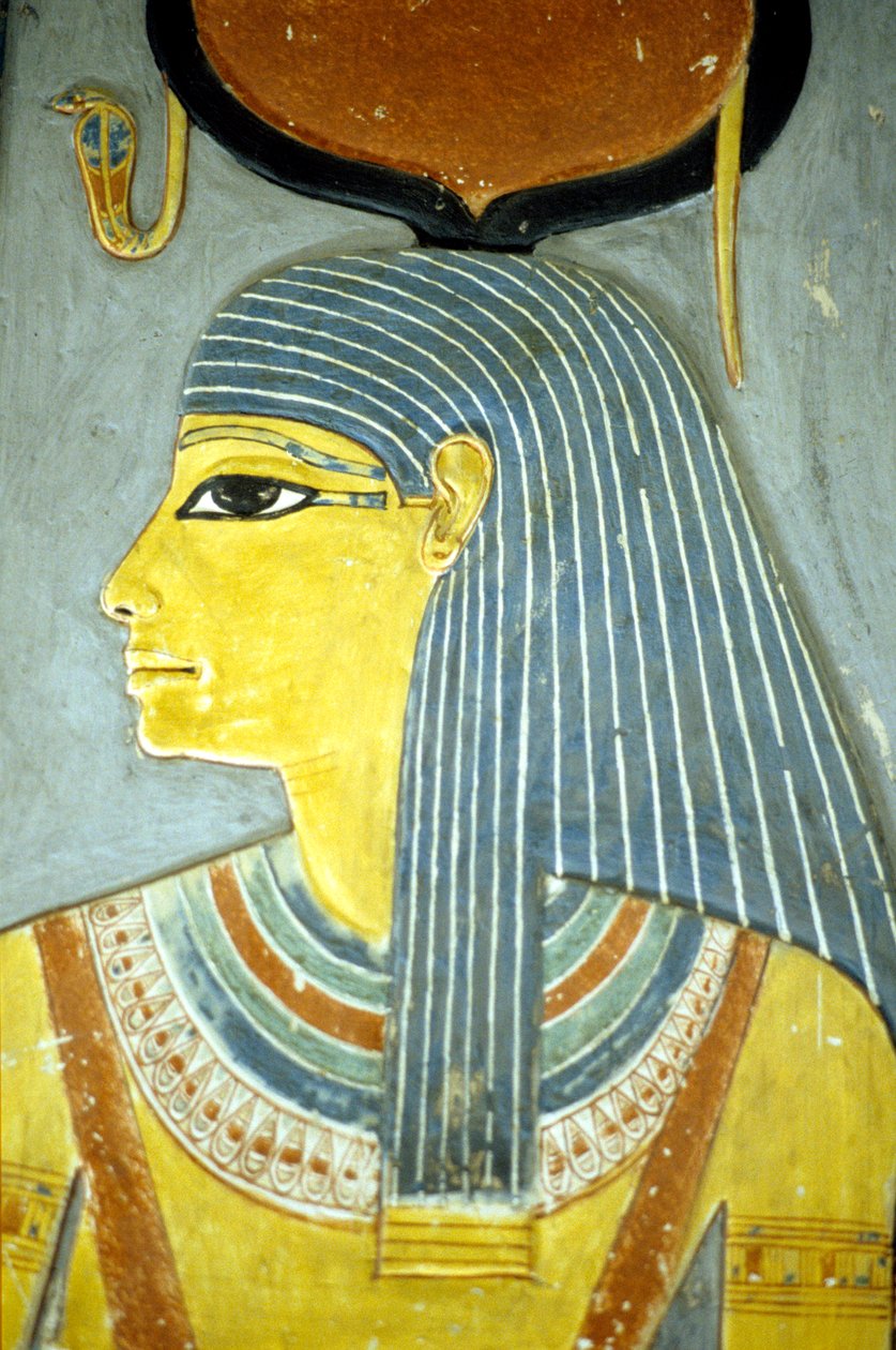 Ókori Egyiptom, falfestmény/faragás, Ízisz istennő, termékenység istennője, Horemheb sírja, Thébai nemesek sírja (fotó) alkotó: School Egyptian