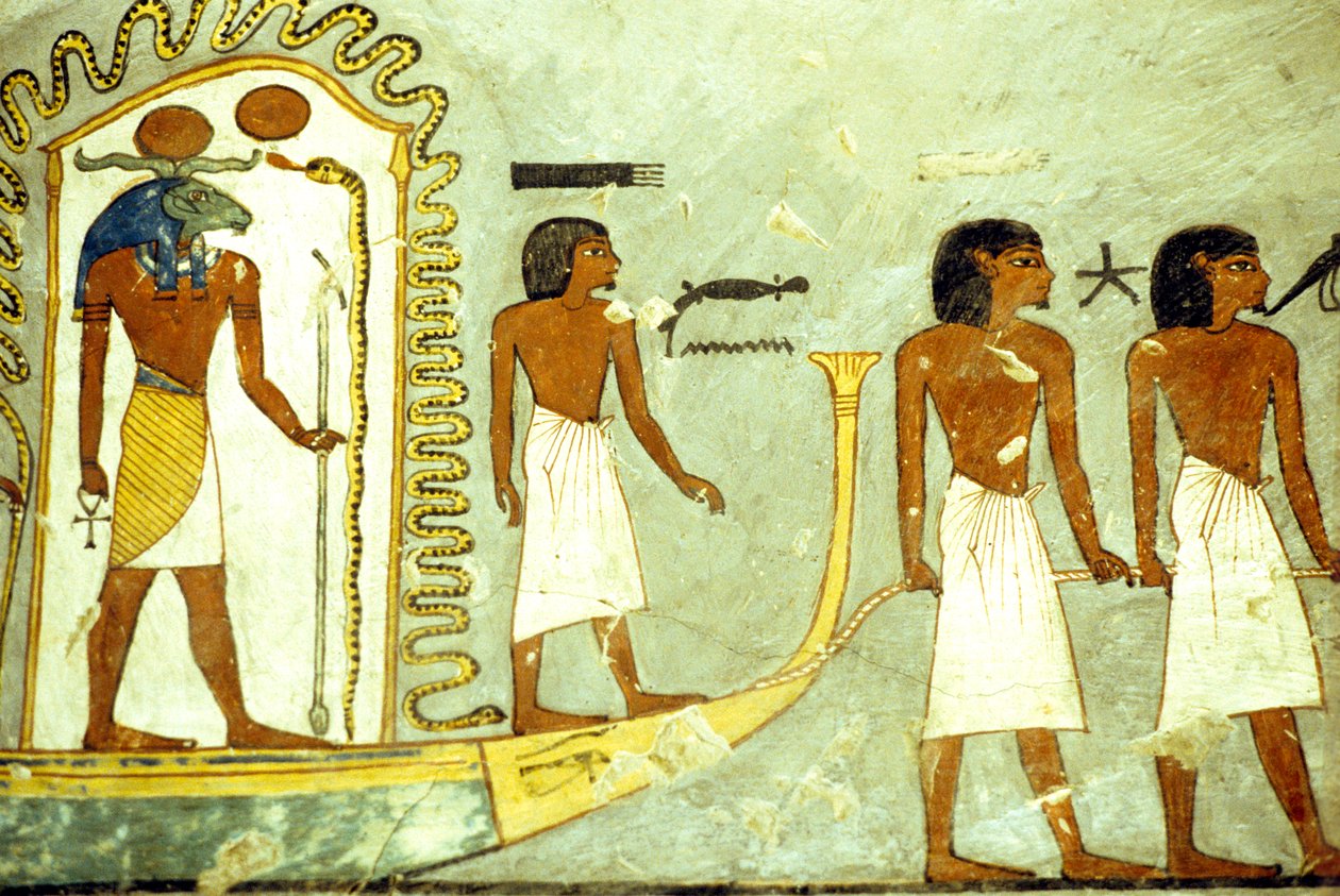 Ókori Egyiptom, Falfestmény/fafaragás, Utazás az alvilágban, Emberek által húzott csónak, I. Ramszesz sírja, Théba alkotó: School Egyptian