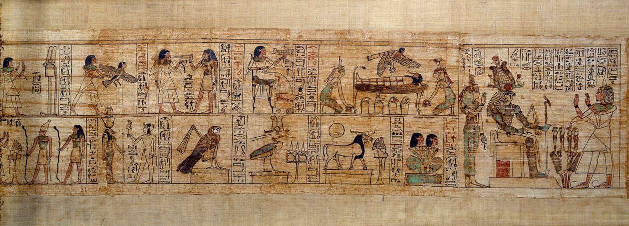 Az ókori egyiptomi művészet mitológiai papirusza Serimen. Tetején: Serimen szereti Ozirisz istent, akit Abydos városában jelképez. A halottak lelke madár alakban átrepül a múmiája felett, Ízisz (balra) és Nephtisz (jobbra) istennők szemében. alkotó: School Egyptian
