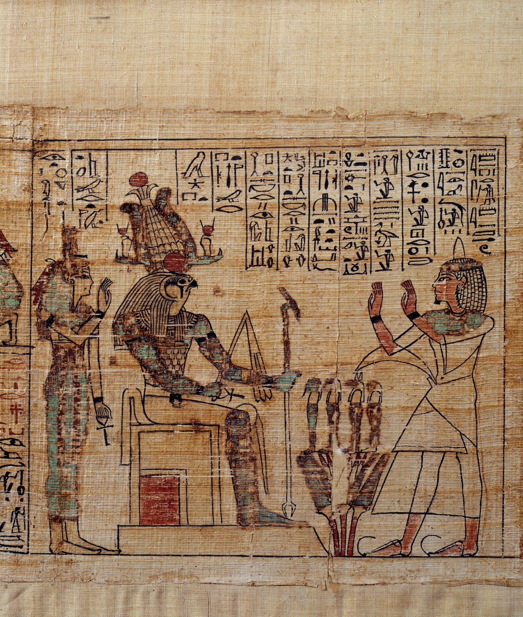 Ókori egyiptomi művészet: Szerimen mitológiai papirusz. serimen a ptah-sokar-osiris isten előtti istentiszteletben, amelyet Ízisz követ. A 21. dinasztia (kb. 1069-945), harmadik köztes időszak (kb. Kr. e. 1069-664) kézirata. Festés. alkotó: School Egyptian