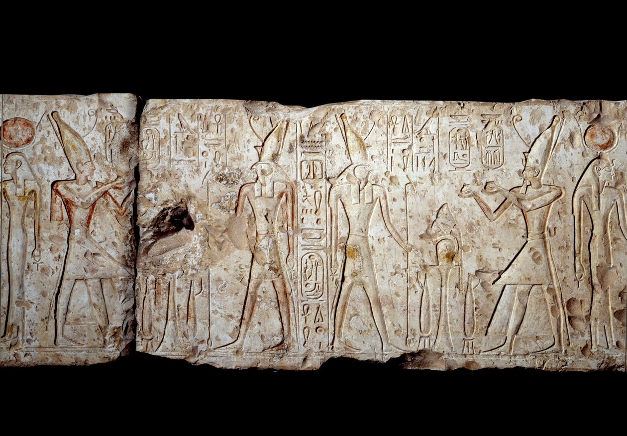 Ókori egyiptomi művészet: II. Ramszesz felajánlásokat tesz Ozirisznek. Alacsony dombormű mészkőben Abydos (Kr. e. 1279-1213) 19. dinasztiájából. Új Birodalom. Párizs, Musee du Louvre alkotó: School Egyptian