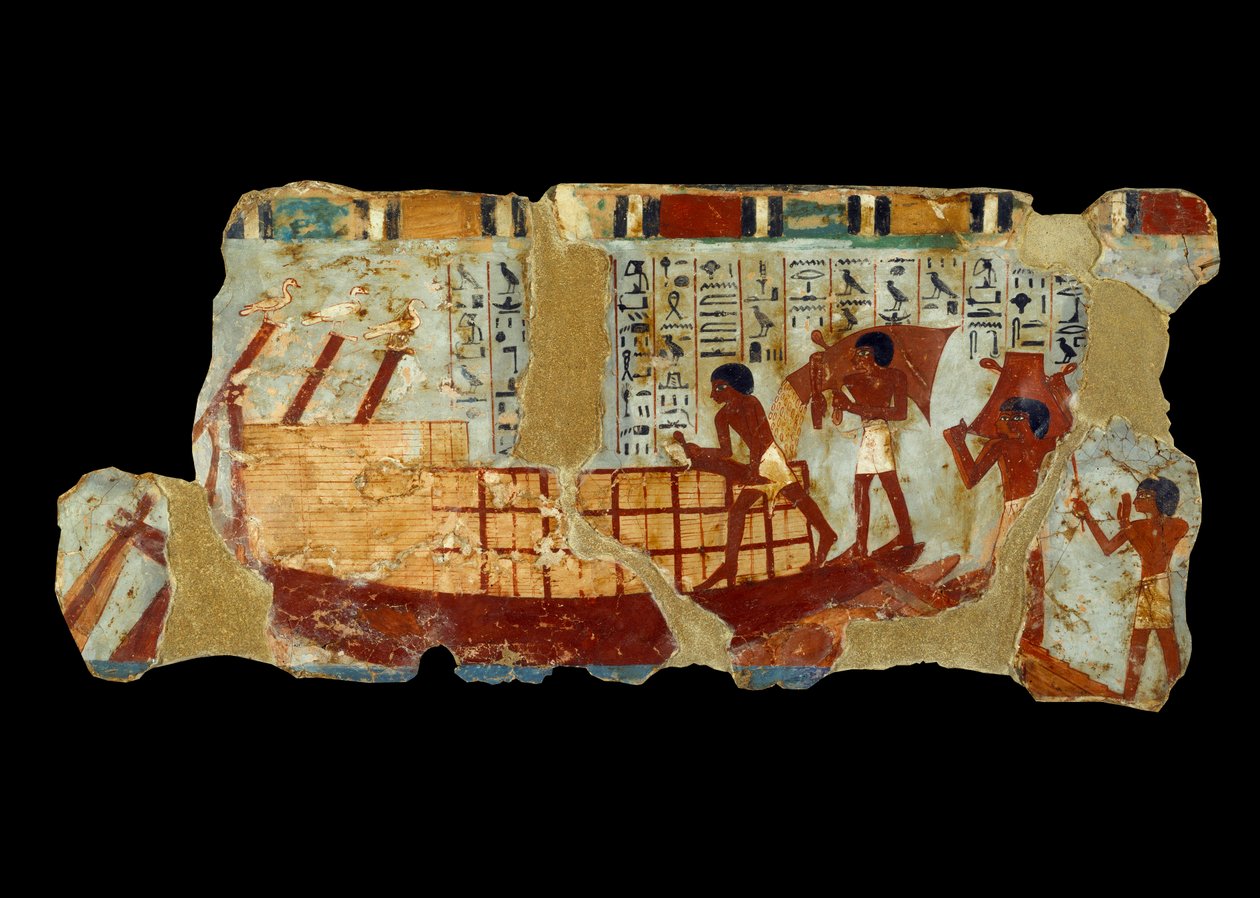 Ókori egyiptomi művészet: gabonák rakodása csónakra Ounou sírjának iszapjára festve (Kr. e. 1450). alkotó: School Egyptian