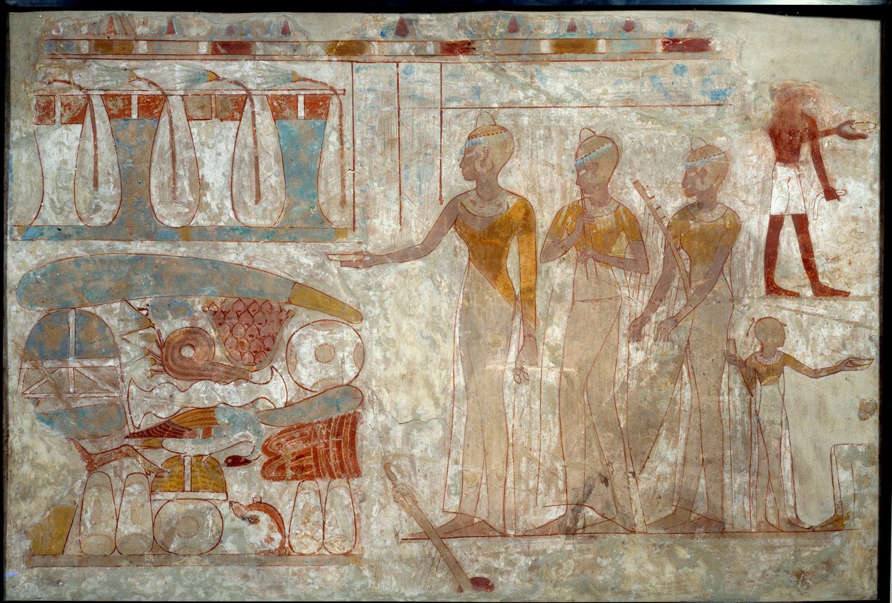 Ókori egyiptomi művészet: zenészek egy banketten. Festmény iszapra (Kr. e. 1400 körül). alkotó: School Egyptian