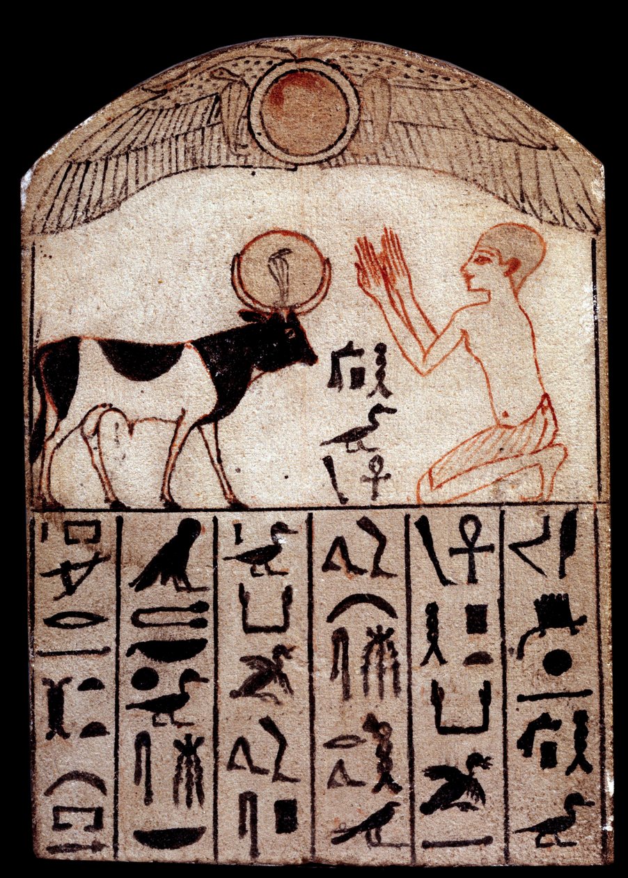 Ókori művészet: Serapeum stele (festett mészkő). Apis isten imádása. Festett mészkőszobor, alacsony időszak (Kr. e. 664-332), Egyiptom. Párizs, Musee du Louvre alkotó: School Egyptian