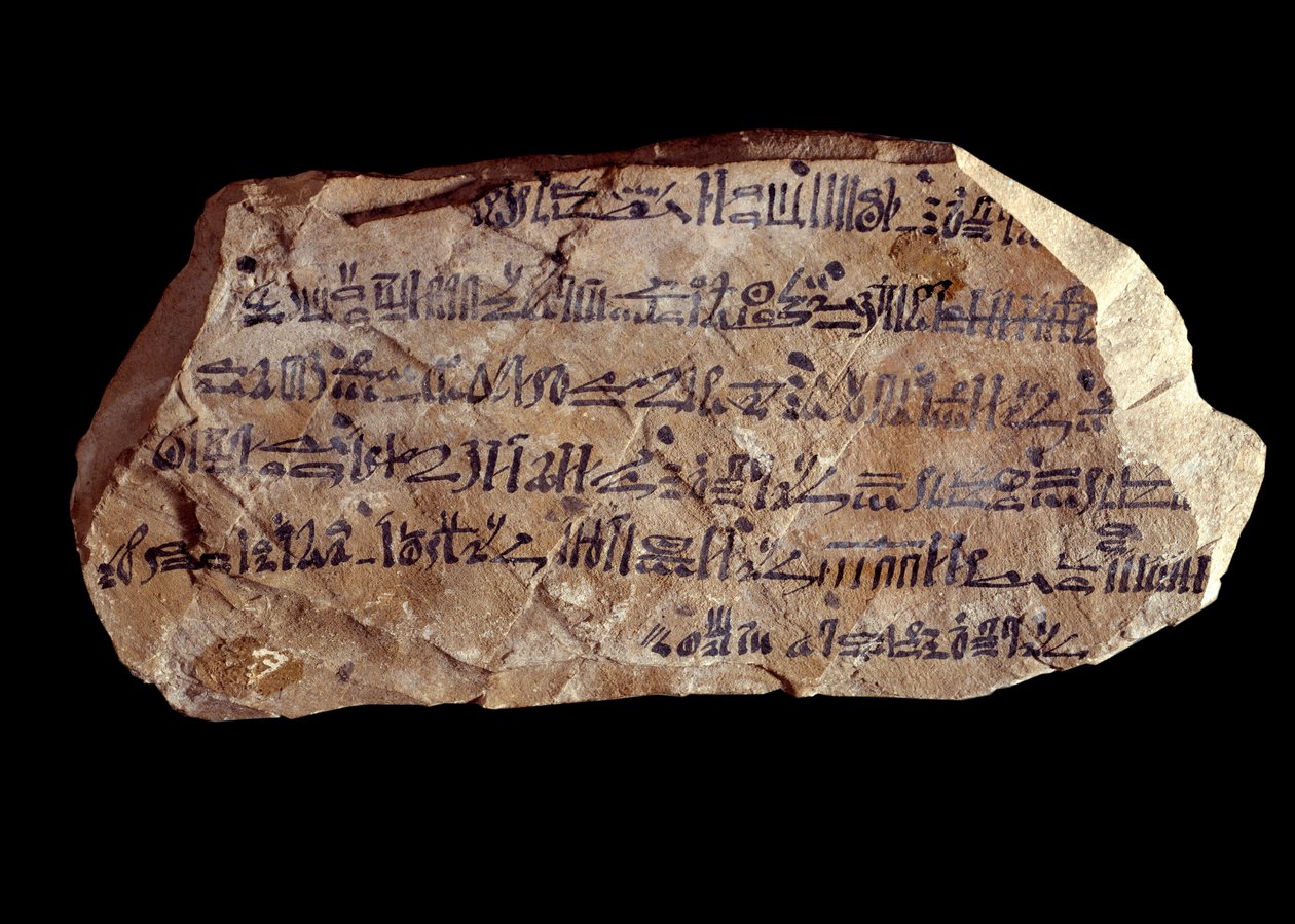 Az ókori Egyiptom művészete: ostrakon (vagy ostracon) (többes szám: ostraca vagy ostraka) hieratikus (edényszilánkok, amelyekre szent dolgok vannak felírva). Egyiptom új birodalma. Párizs, Musee du Louvre alkotó: School Egyptian