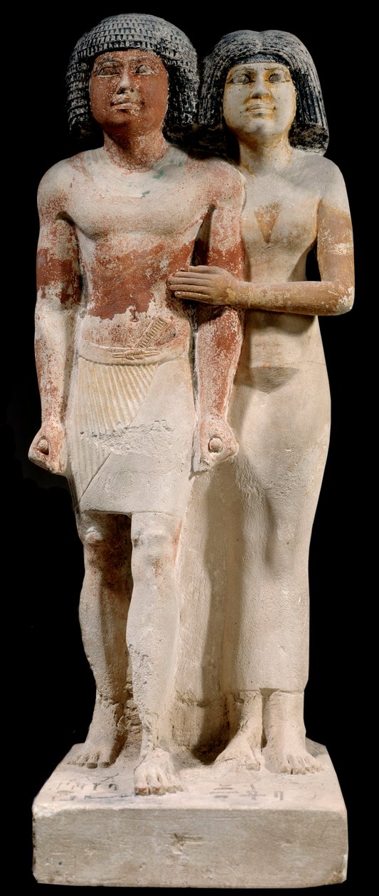 Egyiptomi antikvitás: Raherka és Meresankh házaspár mészkő szobra. 5. dinasztia. Régi birodalom (i.e. 2700-2200 körül). V 0,52x0,21 m Párizs, musee du Louvre alkotó: School Egyptian