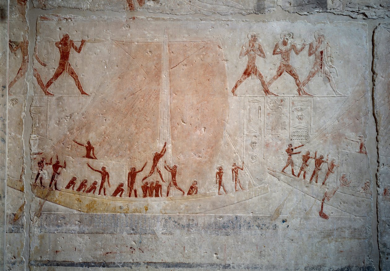 Egyiptomi ókor: egy vitorlás. Mészkő dombormű a szakkarai Akhethetep Mastaba kápolnájából. 5. dinasztia (i.e. 2500-2350 körül) Kr.e. 2300. Párizs, Louvre Múzeum alkotó: School Egyptian