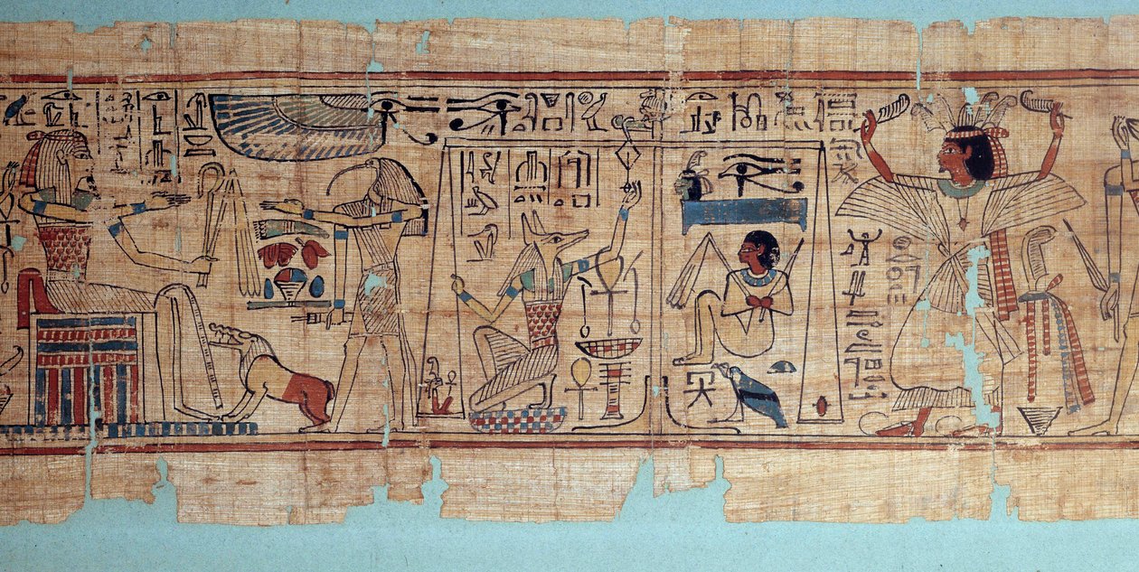 Egyiptomi antikvitás: Neskapashouty mitológiai papiruszának részlete, Ámon padlása szemcséinek könyvelője. Anubisz mérlegeli az elhunyt szívét (lelkét). 21. dinasztia alkotó: School Egyptian