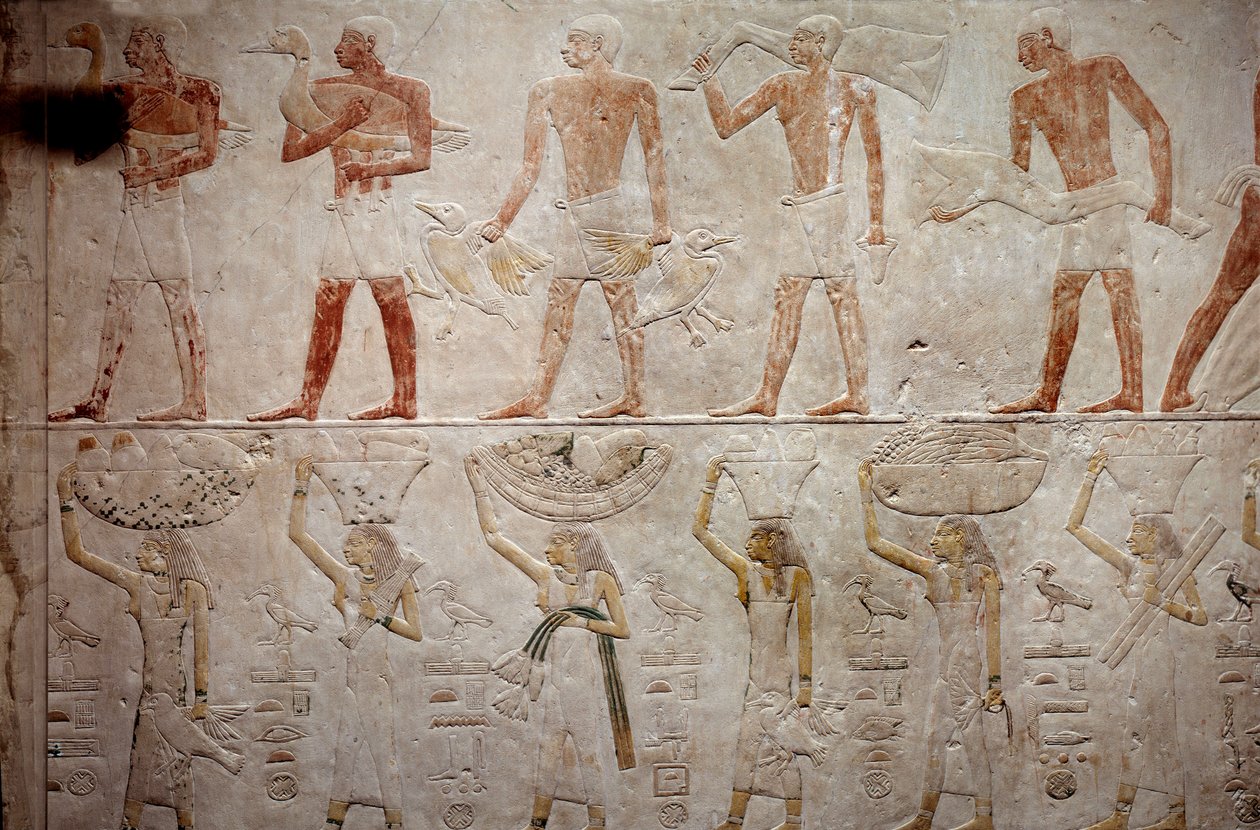 Egyiptomi ókor: kacsát hordozó férfiak. Mészkő dombormű a szakkarai Akhethetep Mastaba kápolnájából. 5. dinasztia (i.e. 2500-2350 körül) Kr.e. 2300. Párizs, Louvre Múzeum alkotó: School Egyptian