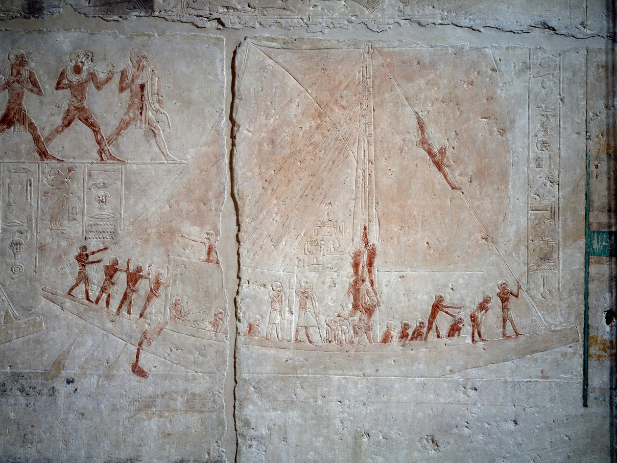 Egyiptomi ókor: navigációs jelenet. Mészkő dombormű a szakkarai Akhethetep Mastaba kápolnájából. 5. dinasztia (i.e. 2500-2350 körül) Kr.e. 2300. Párizs, Louvre Múzeum alkotó: School Egyptian