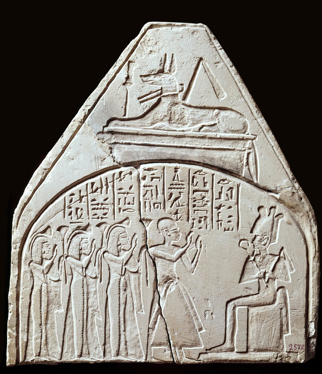 Egyiptomi ókor: Ozirisz isten imádatát ábrázoló sztélétöredék. Fölötte Anubisz képviseli. Párizs, Louvre Múzeum alkotó: School Egyptian