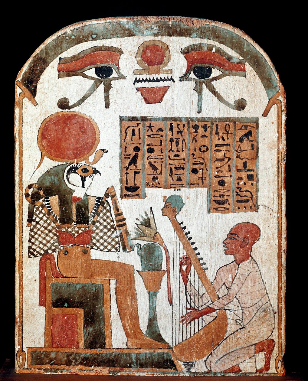 Egyiptomi ókor: Jedkhonsuiufankh hárfaművész sztéléje az isteni Hórusz előtti hódolatban. Köztes időszak. Kr.e. 1069-664. Párizs, musee du Louvre – Egyiptomi régiségek: Djedkhonsouioufankh hárfaművész sztelája, aki Hórusz istent imádja. Középfokú Per alkotó: School Egyptian