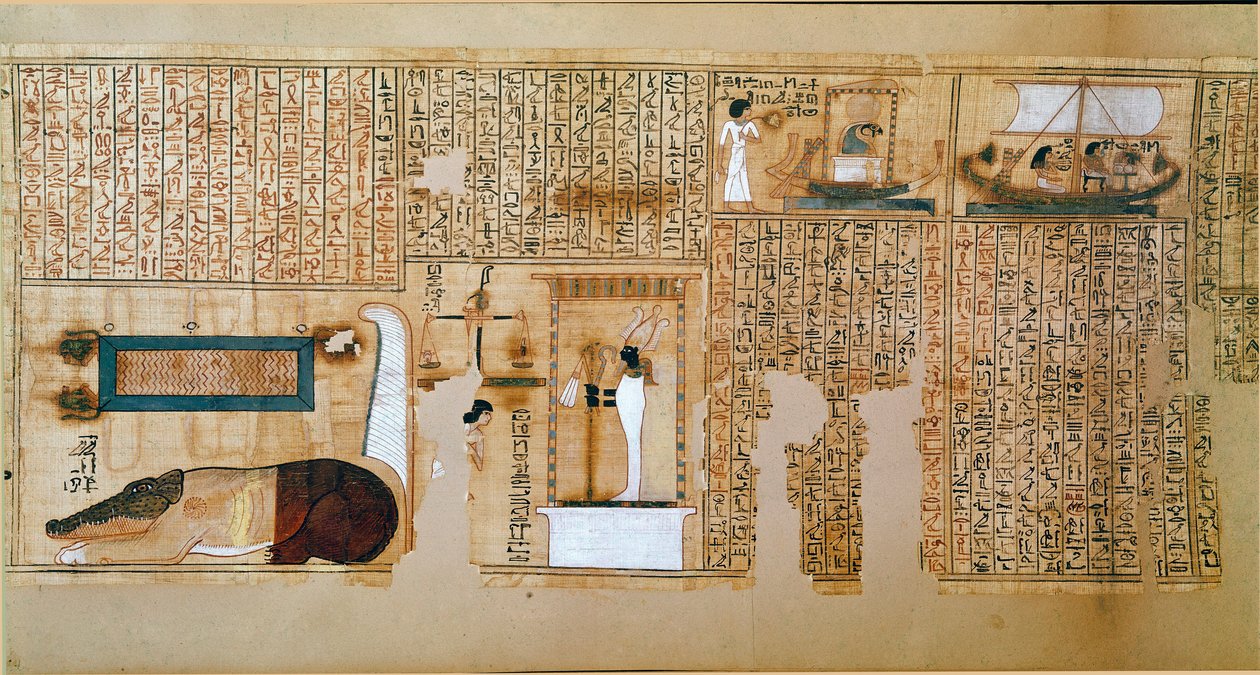 Egyiptomi antiquitis: a Halottak könyvének töredéke, Nebqed papirusza. A lelkek súlyát ábrázoló részlet. 18. dinasztia. Kr.e. 1400-1350. Párizs, Louvre Múzeum alkotó: School Egyptian