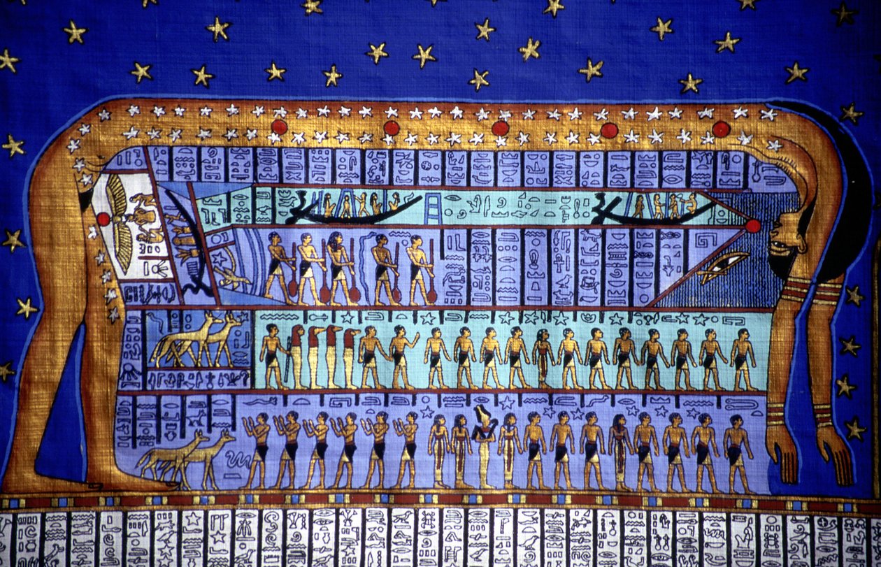 Egyiptomi kozmosz, Nut istennő, aki az égboltot formálja (papirusz). alkotó: School Egyptian