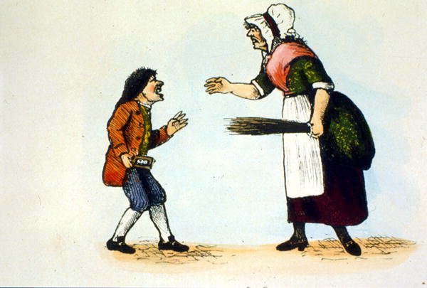 Egy gyereket fenyítenek meg egy Dame iskolájában, illusztráció a kürtkönyv történetéből (színes litó) alkotó: School English