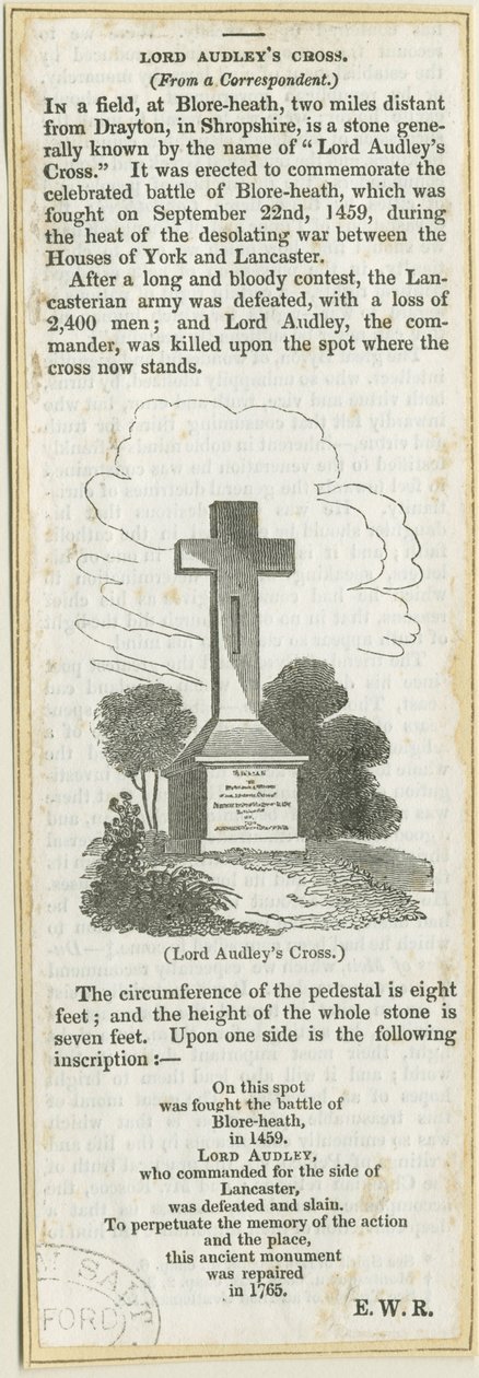 Drayton-in-Hales – „Audley Cross on Blore Heath”: fametszet, és [?19. század] (nyomtatott) alkotó: School English