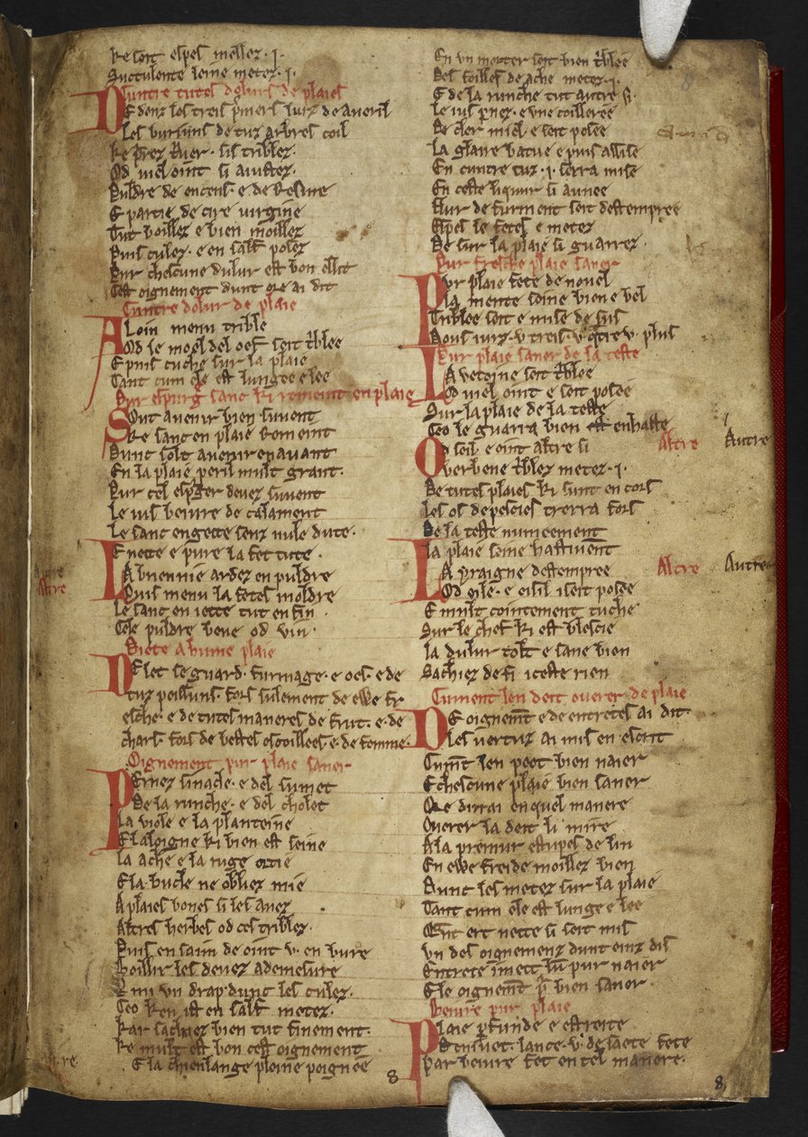 Harley MS 2558 f.8r, Novele cirurgerie, kivonat (365 sor). Orvosi receptgyűjtemény angol-normann versben (vellum) alkotó: School English