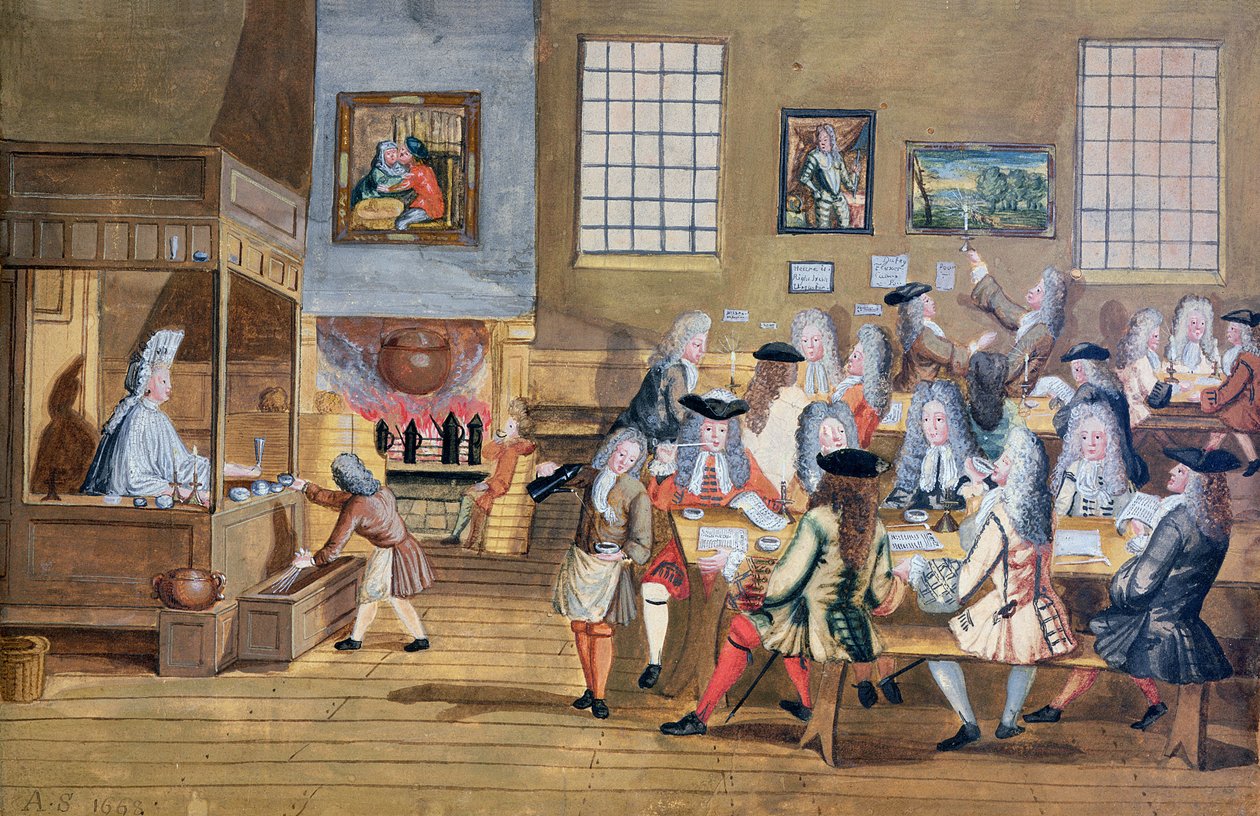 Egy londoni kávéház belseje, 1650-1750 körül (akvarell, papír) alkotó: School English