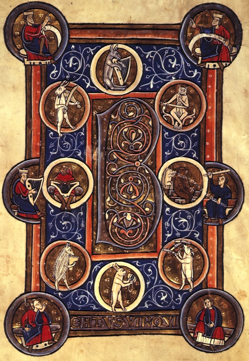 Lansdowne 420 fol.12v I. zsoltár lakott „B” kezdőbetűvel (vellum) alkotó: School English