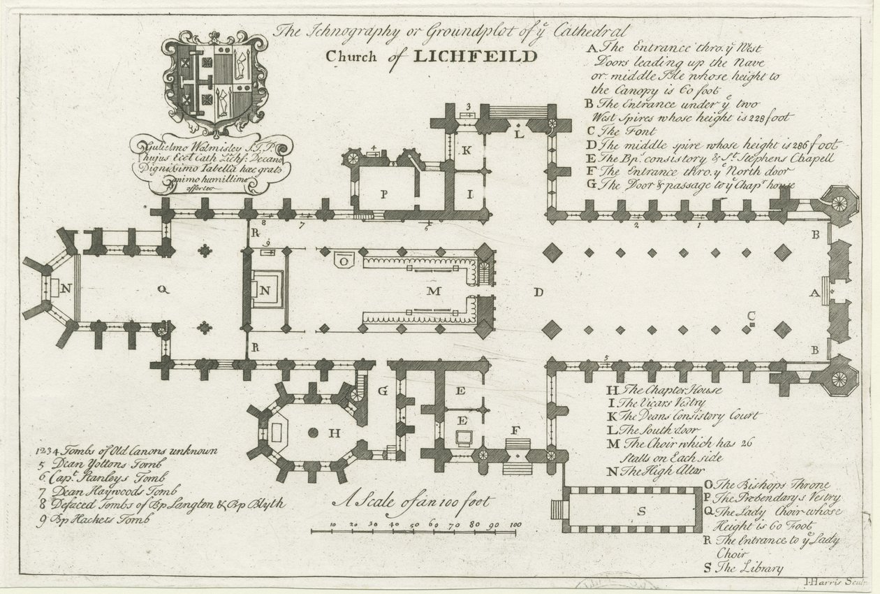 Lichfield katedrális – Alaprajz: metszet, és [18. század eleje] (nyomtatott) alkotó: School English