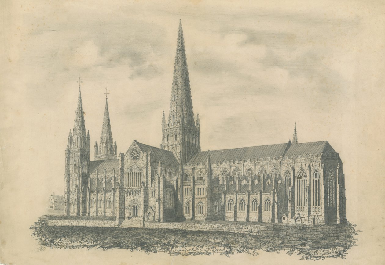 Lichfield katedrális – délkeleti nézet: metszet, és [?19. század] (nyomtatás) alkotó: School English