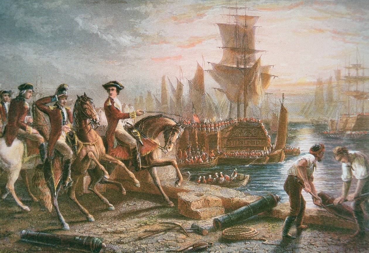 Lord Howe megszervezi Boston brit kiürítését 1776 márciusában (színes metszet) alkotó: School English