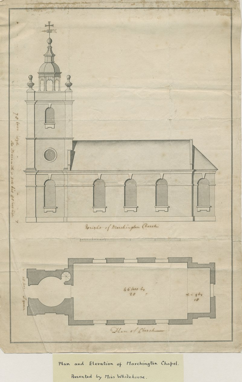 Marchington Church - Külső homlokzat és belső terv: tollrajz, nd [?18. század közepe] (rajz) alkotó: School English