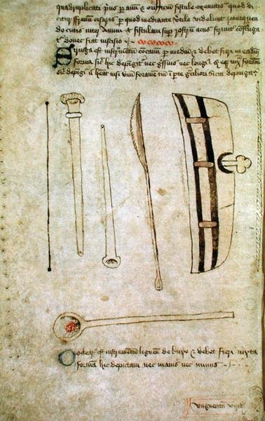 Ms Hunter 112 f.44v John Arderne "Speculum Phlebotomiae" című művéből, 1349-1450 körül (toll és tinta pergamenre). alkotó: School English