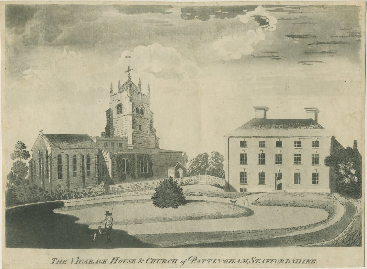 Pattingham templom és lelkészház: akvatinta metszet, nd [? 18. század vége] (nyomtatott) alkotó: School English