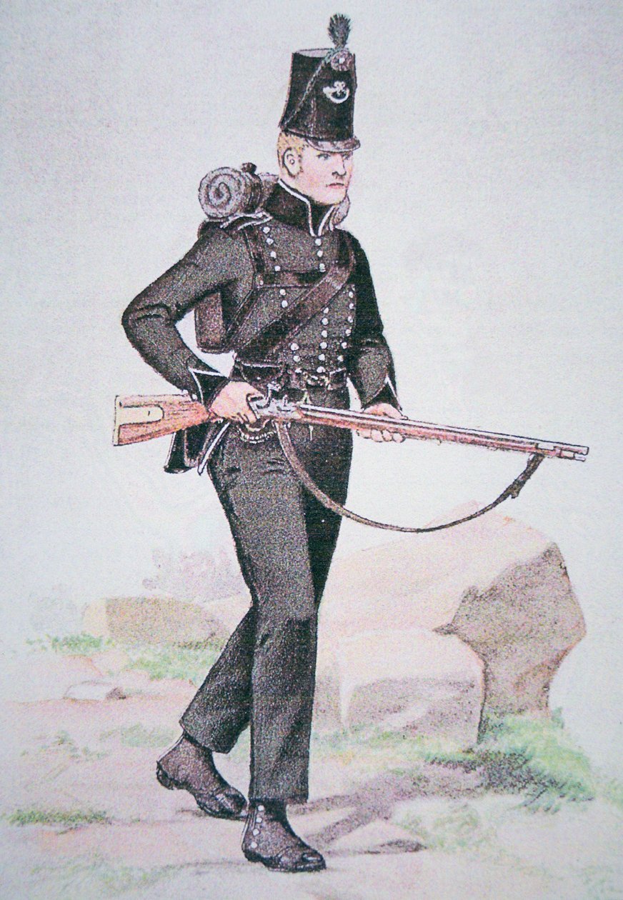 A 95. puskák közkatona, 1810 körül, a londoni Ezekiel Baker által tervezett Baker puskával (színes litó) alkotó: School English