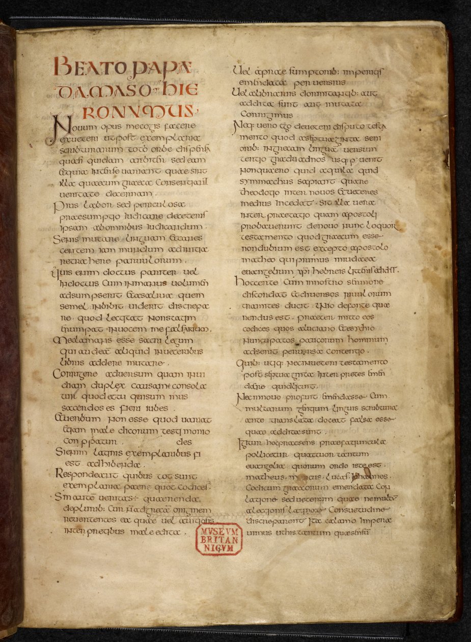 Royal MS Q E VI f.2r oldal az evangéliumokból (a „Királyi Biblia”) (vellum) alkotó: School English