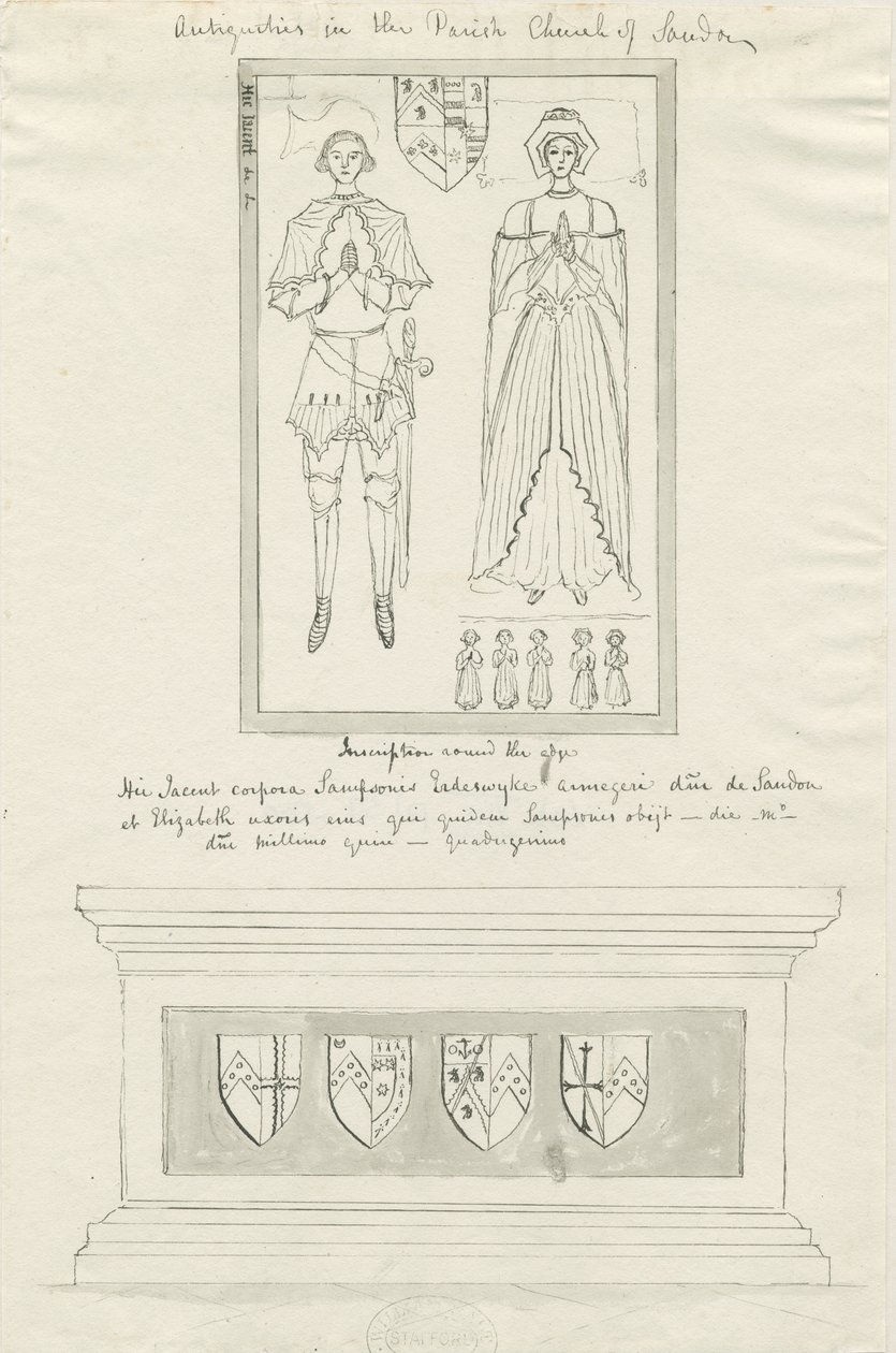Sandon templom – Sampson Erdeswick és Elizabeth sírja [Grey]: toll- és tusrajz, nd [?18. század] (rajz) alkotó: School English
