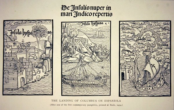 Kolumbusz partraszállása Espaniolán egy 1494-ben Bázelben kiadott korabeli röpirat után (litho) alkotó: School English