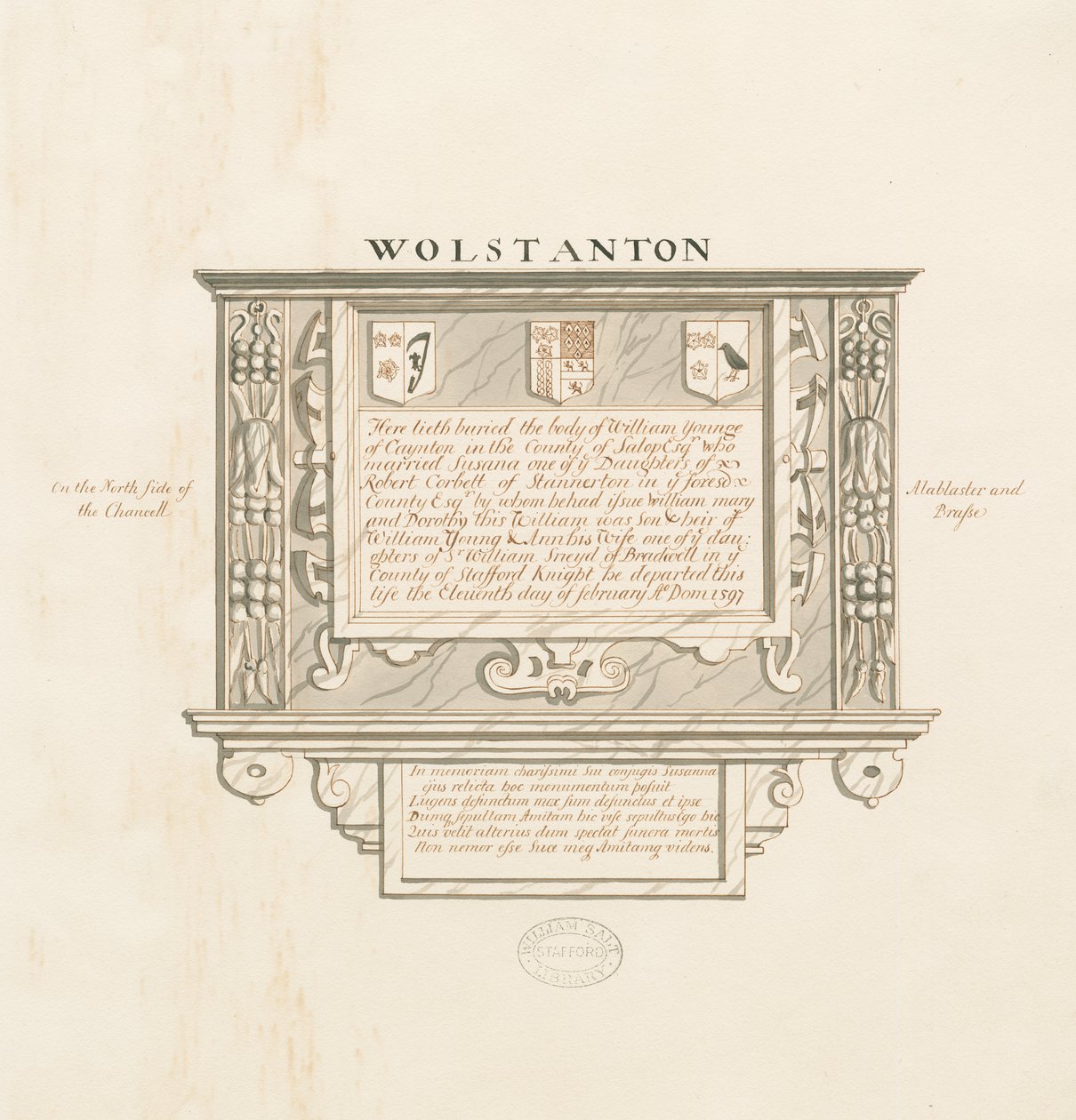 Wolstanton-templom – A cayntoni William Yonge fali emlékműve: toll- és mosdórajz, nd [?19. század] (rajz) alkotó: School English