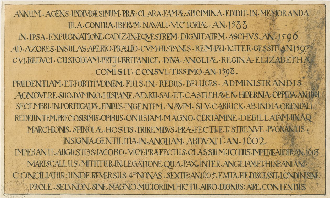 Wolverhampton – Richard Leveson admirális latin sírfelirata a Szent Péter-templomban: toll- és tusrajz, nd [?19. század] (rajz) alkotó: School English