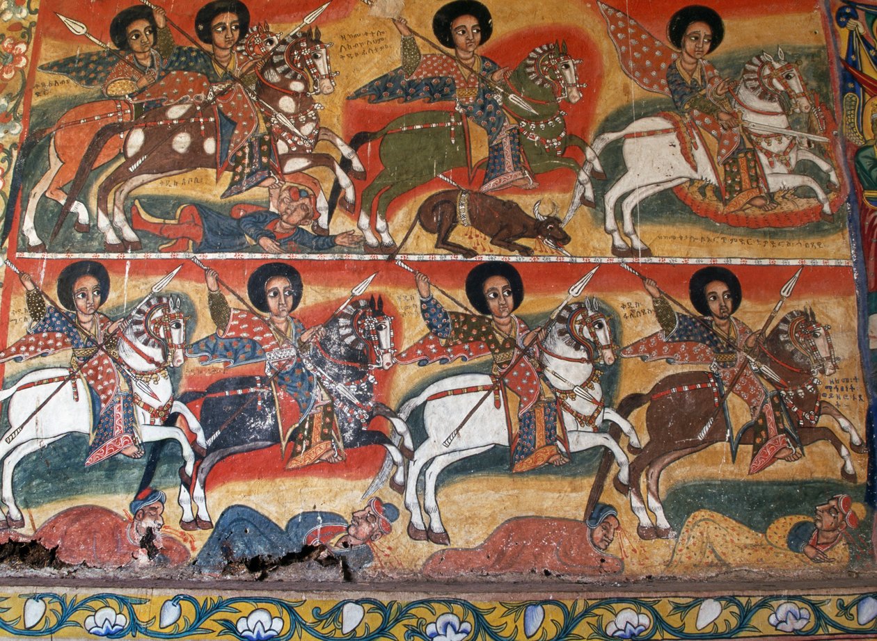 Lándzsás lovagok, festmények az Ura Kidane Meret kolostorban (17. század), Greater Bahar Dar, Zege-félsziget, Etiópia, Részlet alkotó: School Ethiopian
