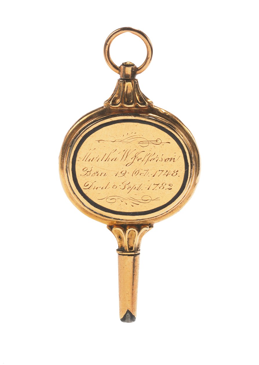 Memento mori gravírozott órakulcs, Martha Wayles Jefferson hajfürtjével, francia vagy angol, 18. század vége – 19. század eleje (arany) (lásd még: 711002) alkotó: School European