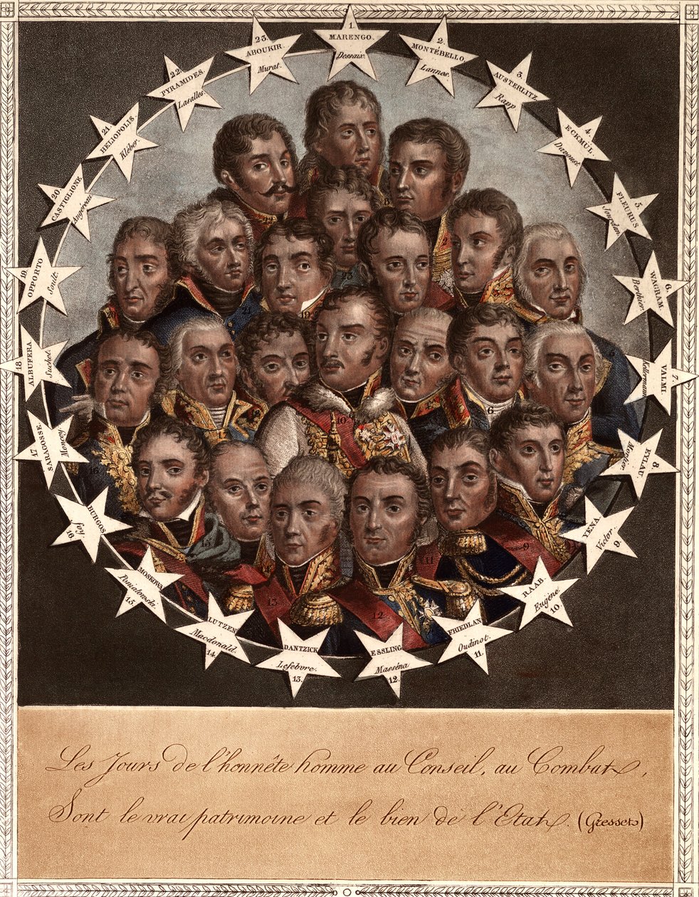 A Heros by Victory – A tisztesség napjai a Tanácsban, a Harcban – az állam igazi öröksége és java. (Gressets) - 1. marengo. dessaix. 2. montebello. lannes. 3. austerlitz. rapp. 4. eckmuel. davoust. 5. florus. jourdan. 6. wagram. berthier alkotó: School French