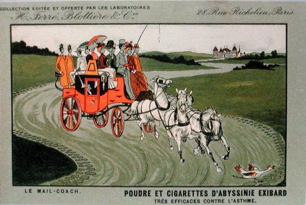 Az Exibard cigarettamárka reklámja, amely egy postakocsit ábrázol, és azt állítja, hogy a dohány és a cigaretta hatásos az asztma ellen (színes litográfia). alkotó: School French