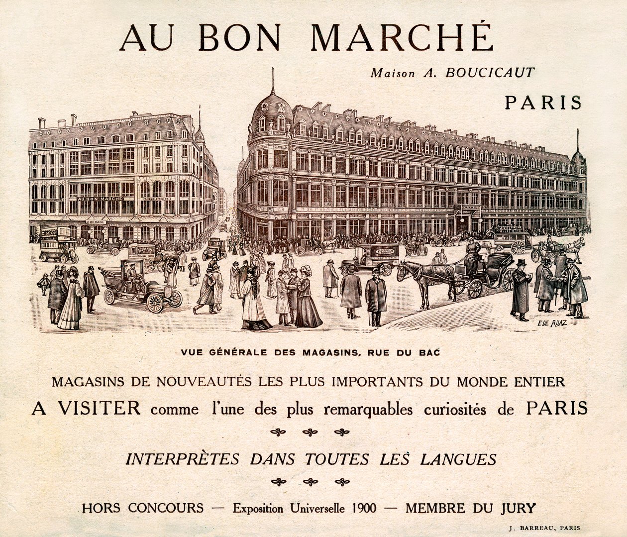 Az "Au Bon Marche" reklámja a párizsi Rue du Bad-on (nyomtatás) alkotó: School French