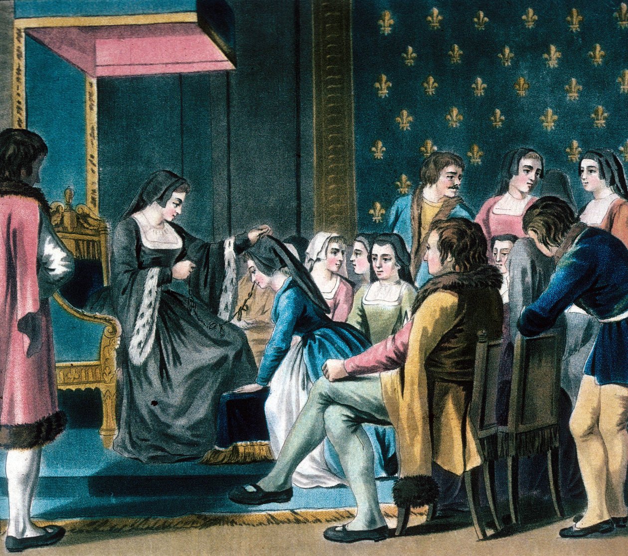 Anne de Bretagne átadja az „Ordre de la Cordeliere”-t egy várakozó hölgynek (színes metszet) alkotó: School French